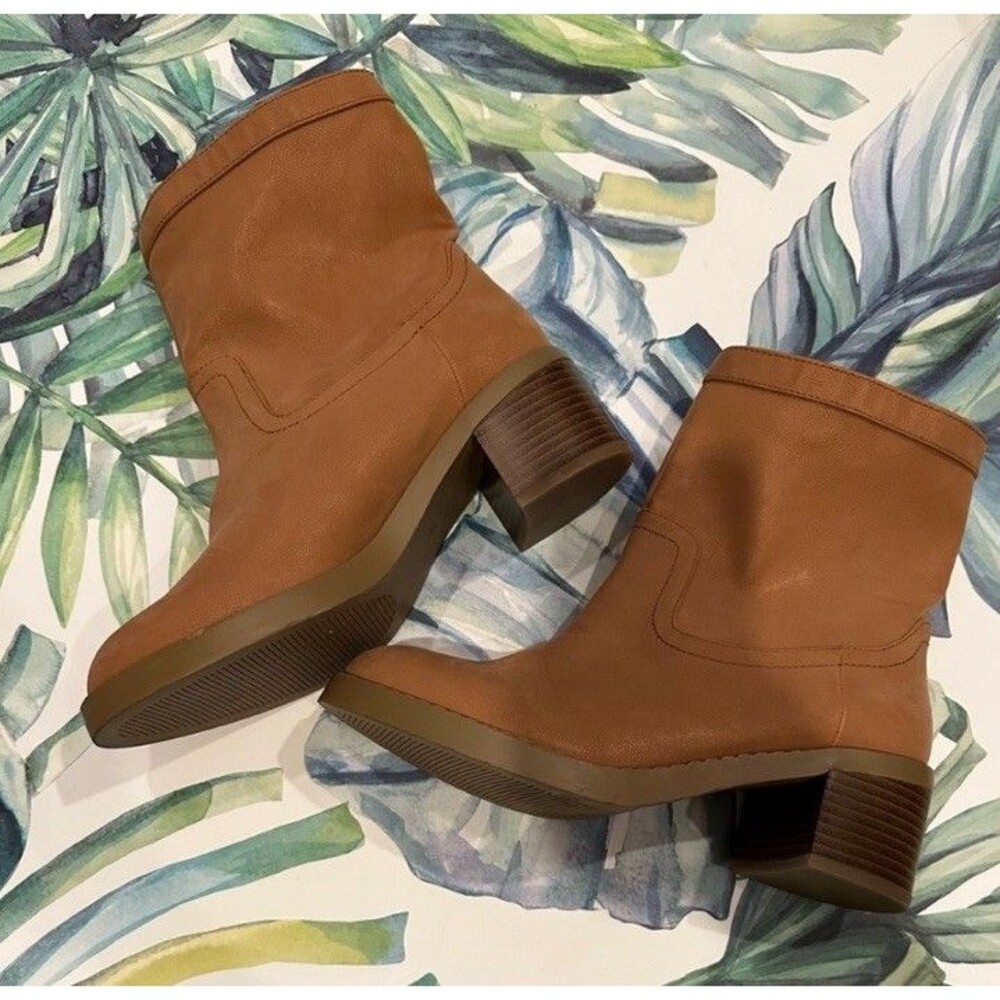 LOFT Tan Faux Leather Ankle Boots Women's 6.5 Block Heel Zip Casual Everyday
